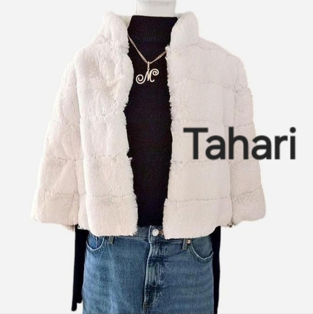 Tahari White Faux Fur Cape Fluffy Valentine's Day Party Glam Bolero Jacket Y2K